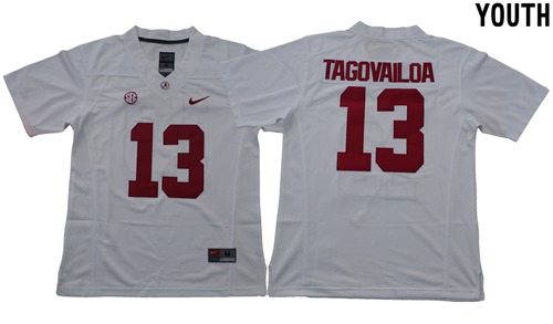 Crimson Tide #13 Tua Tagovailoa White Limited Stitched Youth NCAA Jersey - Click Image to Close